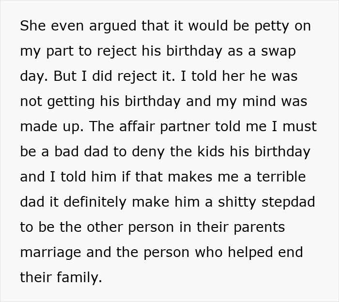 Text discussing a kids custody relationship conflict involving a child's birthday and parental disagreements.