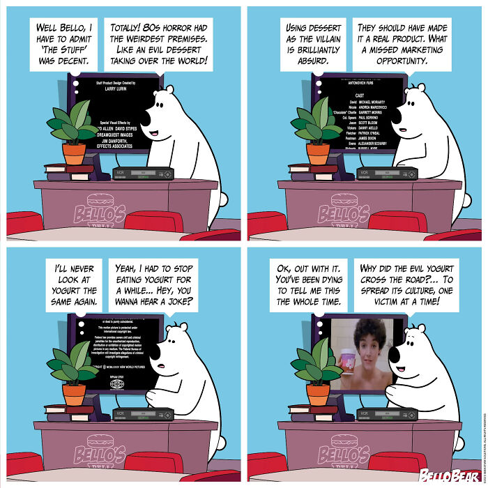 Comic artist Bello Bear humorously discussing 80s horror, desserts, and yogurt in an addictive online comic strip.