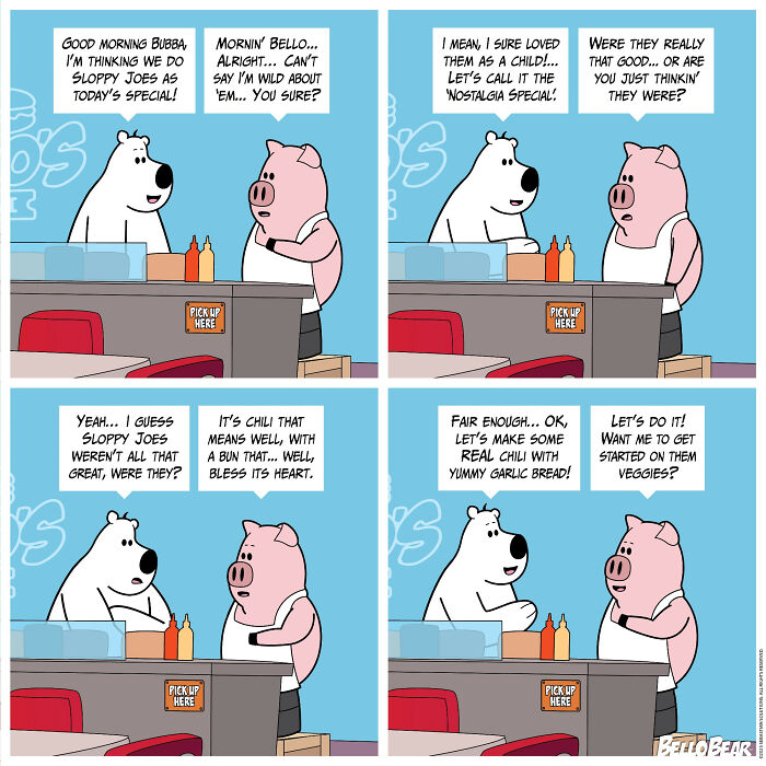 Bello Bear comic artist characters Bubba and pig chat humorously about sloppy joes and making chili at a counter.