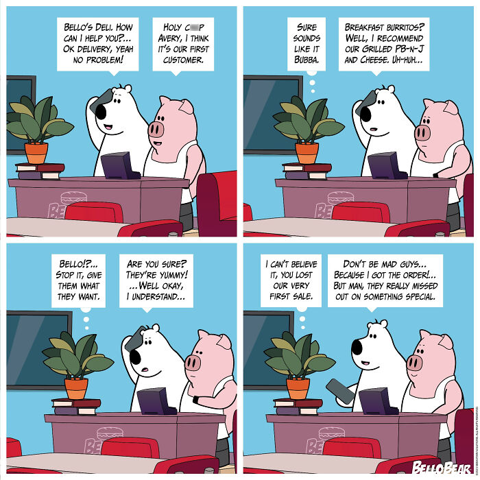 Comic strip featuring Bello Bear and a pig in a deli, showcasing humor and curiosity in addictive online comic stories.
