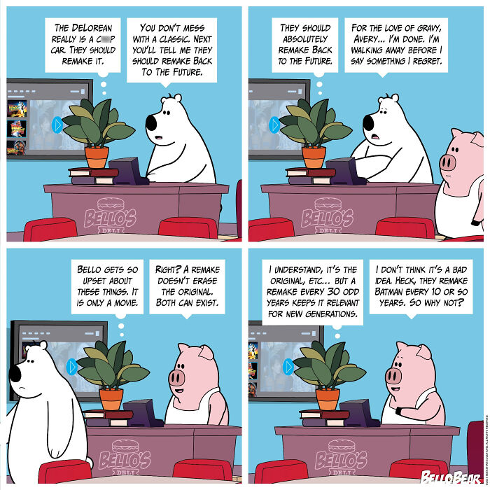 Comic artist Bello Bear and pig character discuss classic movie remakes in a humorous online comic strip.