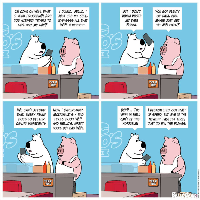 Bello Bear comic panels featuring humor about WiFi problems and everyday frustrations at a diner counter.