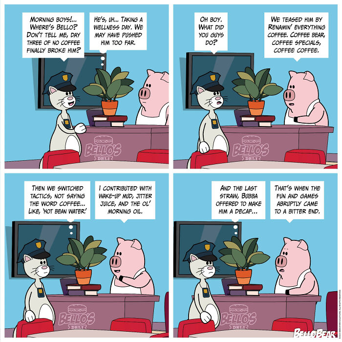 Comic artist Bello Bear’s humorous and curious characters in an addictive online comic strip scene.