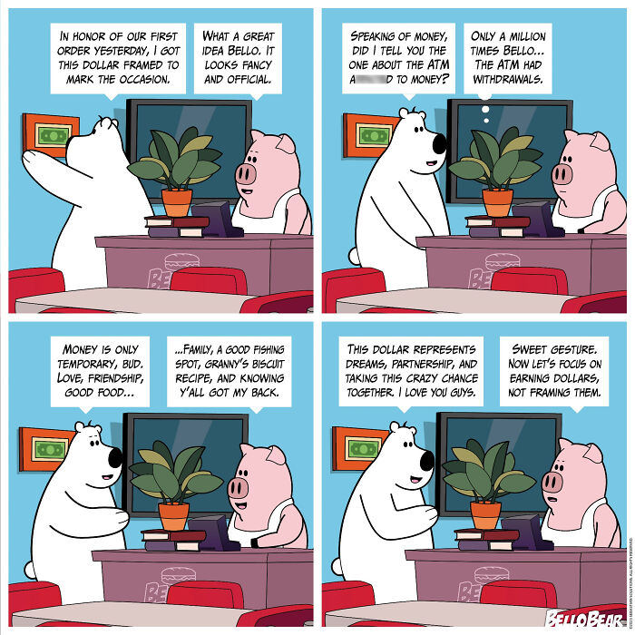 Bello Bear comic artist creating addictive humor and curiosity-driven online stories in a colorful comic strip scene.