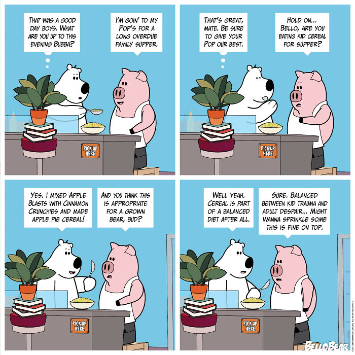 Comic strip by Bello Bear featuring a bear and pig discussing kid cereal, showcasing humor and addictive comic storytelling online.