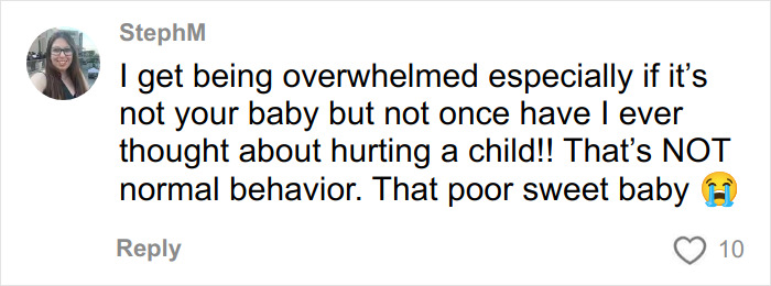 Comment expressing shock over behavior involving a toddler, with a crying emoji and 10 likes on social media.