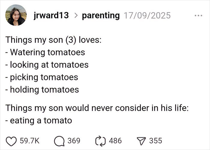 Tweet about parenting humor listing a son's love for tomatoes but refusal to eat them in 2025 parenting tweets.