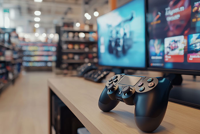 Gaming controller on table in front of screen showing video games, illustrating chaotic good moments shared by players.