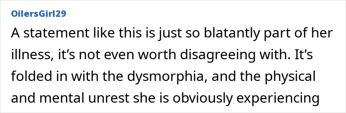 Screenshot of an online comment discussing body-shaming and dysmorphia in relation to Ariana Grande’s past claim controversy. Screenshot of an online comment discussing body-shaming and dysmorphia in relation to Ariana Grande’s past claim controversy.
