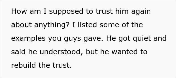 Text excerpt showing a woman expressing doubt about trust and mentioning rebuilding trust after a fianc&eacute;&rsquo;s lie.