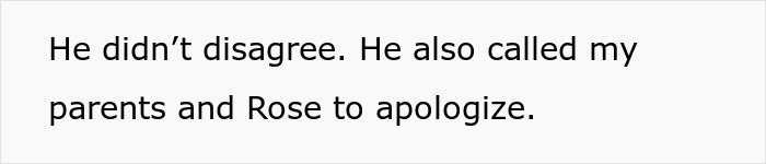 Text excerpt showing a person mentioning fianc&eacute; apologized to their parents and Rose after a family lie caused tension.