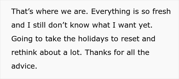 Text message on a white background about rethinking life decisions during the holidays after a fianc&eacute;&rsquo;s family lie incident.