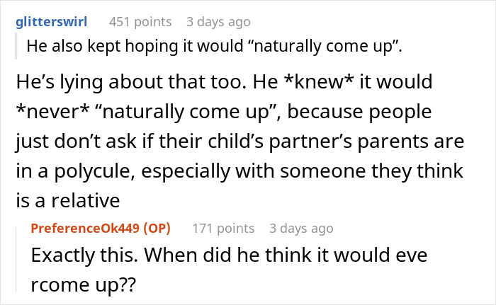 Screenshot of an online discussion about a woman rethinking her engagement after fianc&eacute;&rsquo;s lie about family revealed during holiday dinner.