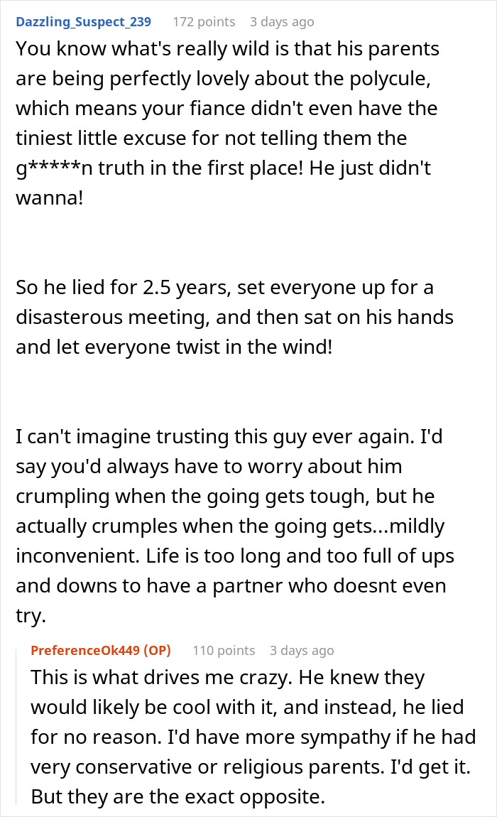 Reddit discussion about woman rethinking engagement after fianc&eacute;&rsquo;s prolonged lie about her family revealed at holiday dinner.