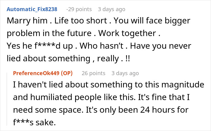 Screenshot of an online discussion about a woman rethinking her engagement after fianc&eacute;&rsquo;s lie about her family surfaces.