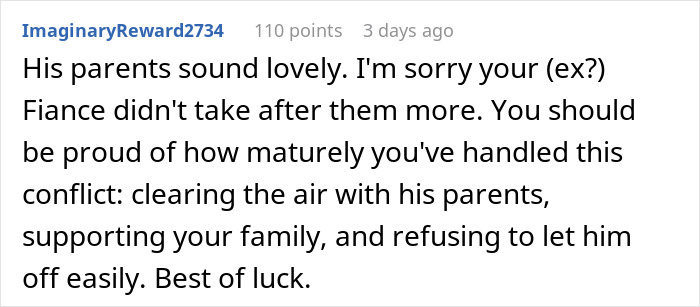 Commenter expressing sympathy for woman rethinking engagement after fianc&eacute;'s family lie causes conflict during holiday dinner.