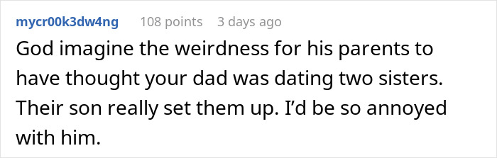 Screenshot of a social media comment discussing a fianc&eacute;&rsquo;s lie about a woman&rsquo;s family causing tension during holiday dinner.