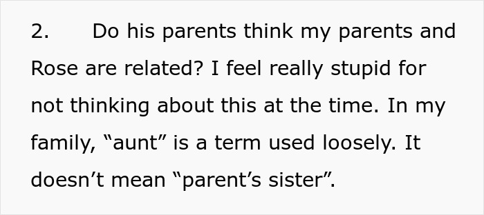 Text excerpt showing a woman rethinking her engagement after fianc&eacute;&rsquo;s lie about her family during holiday dinner.