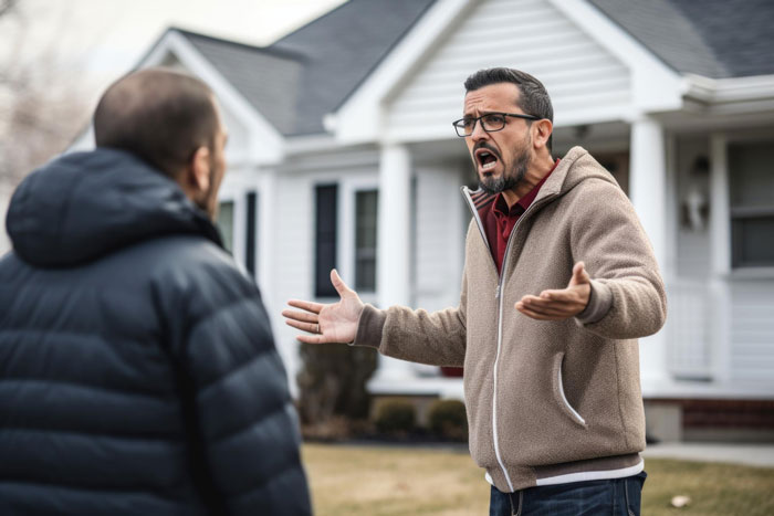 Man angrily confronting another outside a house, illustrating conflict over blocking fire hydrant and driveway issues.