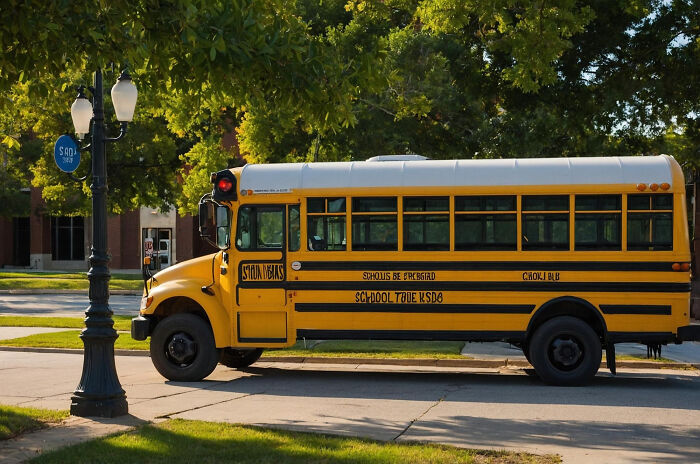Yellow school bus stopped on a sunny street with trees in the background, symbolizing small decisions with life-altering consequences.