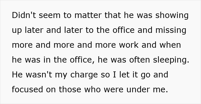 Text describing an employee frequently showing up late and sleeping at work while the boss asked to host entire family event. Text describing an employee frequently showing up late and sleeping at work while the boss asked to host entire family event.