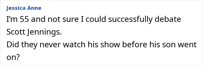 Text message from Jessica Anne discussing Scott Jennings and his son&rsquo;s debate performance in a casual conversation.