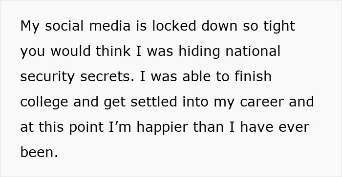 Text on a white background about social media lockdown, finishing college, career success, and personal happiness.