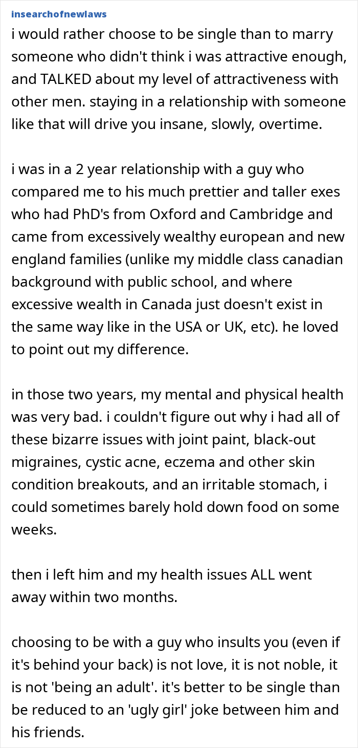 Text post describing a woman&rsquo;s experience finding secret texts of fianc&eacute; complaining about her appearance and wedding photos.