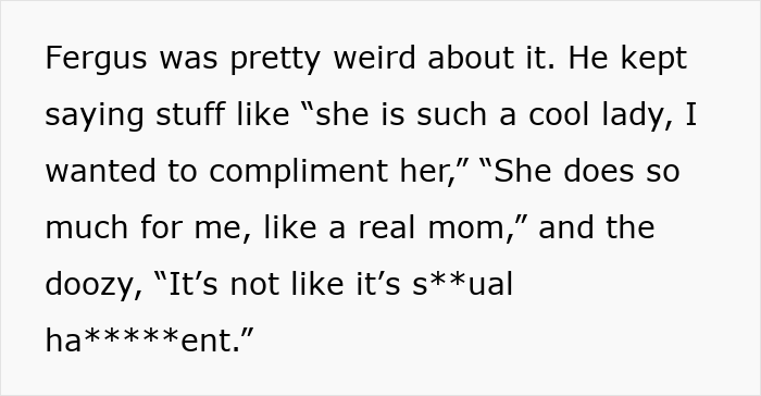 Text excerpt describing a woman weirded out as coworker insists on calling her his work mom, highlighting uncomfortable comments.
