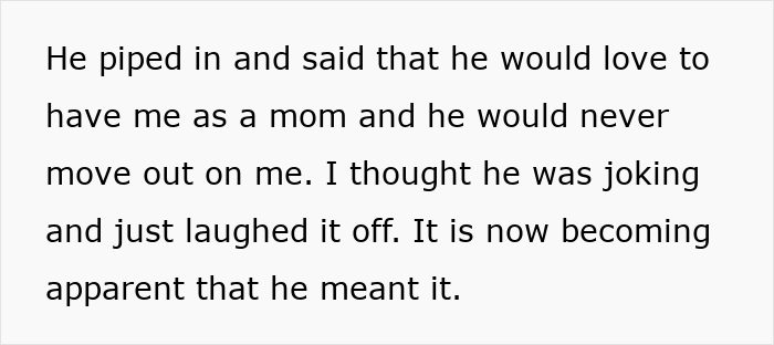 Text excerpt from a woman weirded out as coworker insists on calling her his work mom, expressing disbelief and concern.