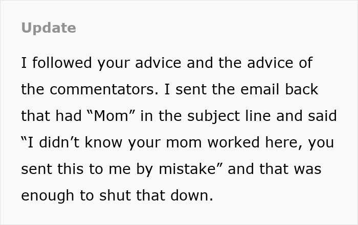 Text update describing a woman weirded out as her coworker insists on calling her his work mom.
