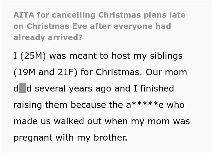 Text post showing a man explaining why he kicked siblings out after they shared their surprise plan for Christmas.