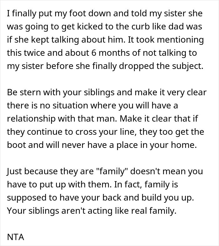 Text about a guy kicking siblings out after they share a surprise plan, emphasizing setting boundaries with family.