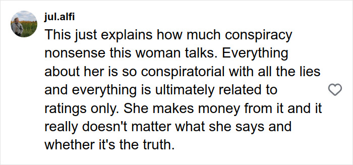 User comment criticizing conspiratorial remarks, related to Candace Owens&rsquo; comment about Brigitte Macron, displayed on screen.