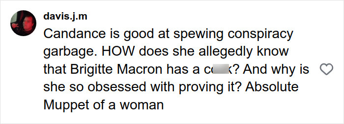 Screenshot of a social media comment questioning Candace Owens&rsquo; claims about Brigitte Macron, sparking disbelief.