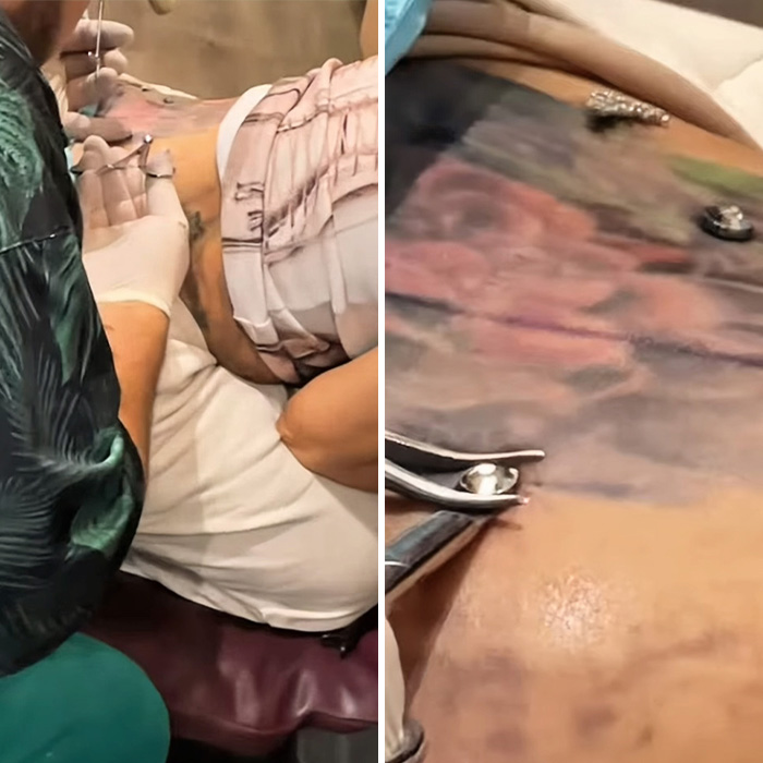 Cardi B receiving new neck and back piercings from a professional in a tattoo studio setting.