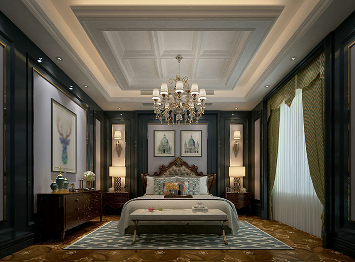 Luxurious bedroom interior with chandelier and elegant decor showcasing rich people lifestyle and wealth.