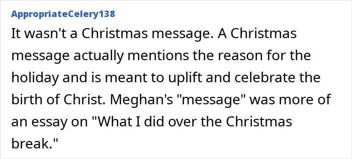 Comment discussing Meghan Markle's Christmas message and rumors about Prince Harry split involving holiday meaning and celebration.