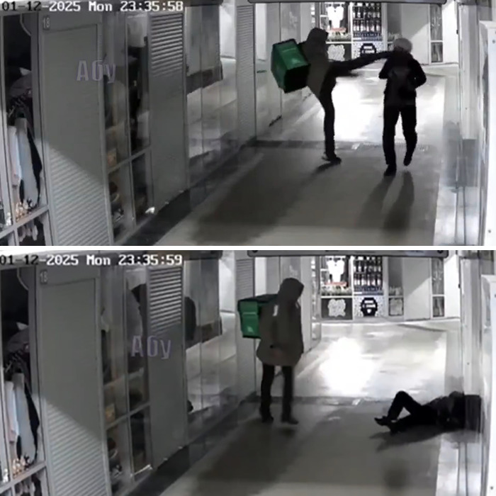 Delivery man caught on CCTV randomly kicking woman in the head in a violent and shocking attack. Delivery man caught on CCTV randomly kicking woman in the head in a violent and shocking attack.