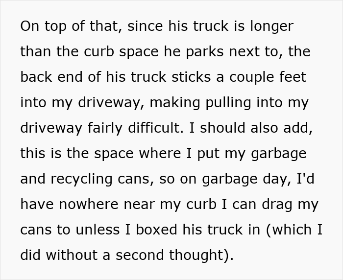 Text describing a truck blocking a driveway and fire hydrant, causing difficulty accessing the driveway and garbage cans.