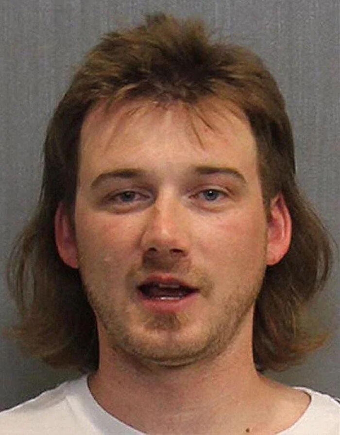 Mugshot of a celebrity with medium-length hair and light facial hair, taken after being arrested and booked into custody.