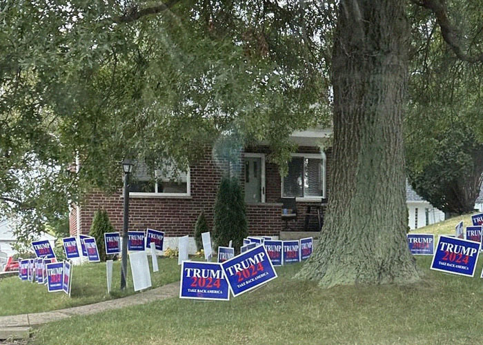 Lawn filled with numerous chaotic political signs under large tree near a brick house in a suburban neighborhood.