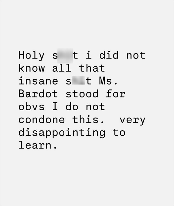 Text message with censored expletives expressing shock and disappointment about Brigitte Bardot, related to Chappell Roan backlash. Text message with censored expletives expressing shock and disappointment about Brigitte Bardot, related to Chappell Roan backlash.