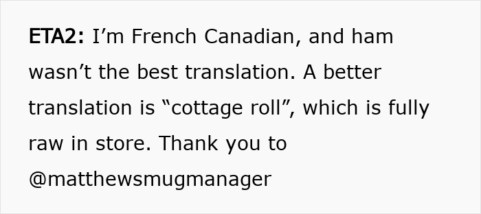 Text excerpt explaining ham translation from a French Canadian, related to vegetarian host and Christmas family reaction.