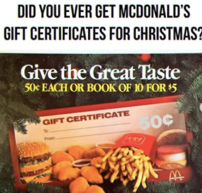 Vintage McDonald’s gift certificate featuring fries, nuggets, and burgers as a funny Christmas meme about gift giving.