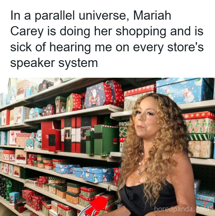 Funny Christmas meme featuring Mariah Carey shopping, surrounded by holiday gift boxes, highlighting holiday season humor.