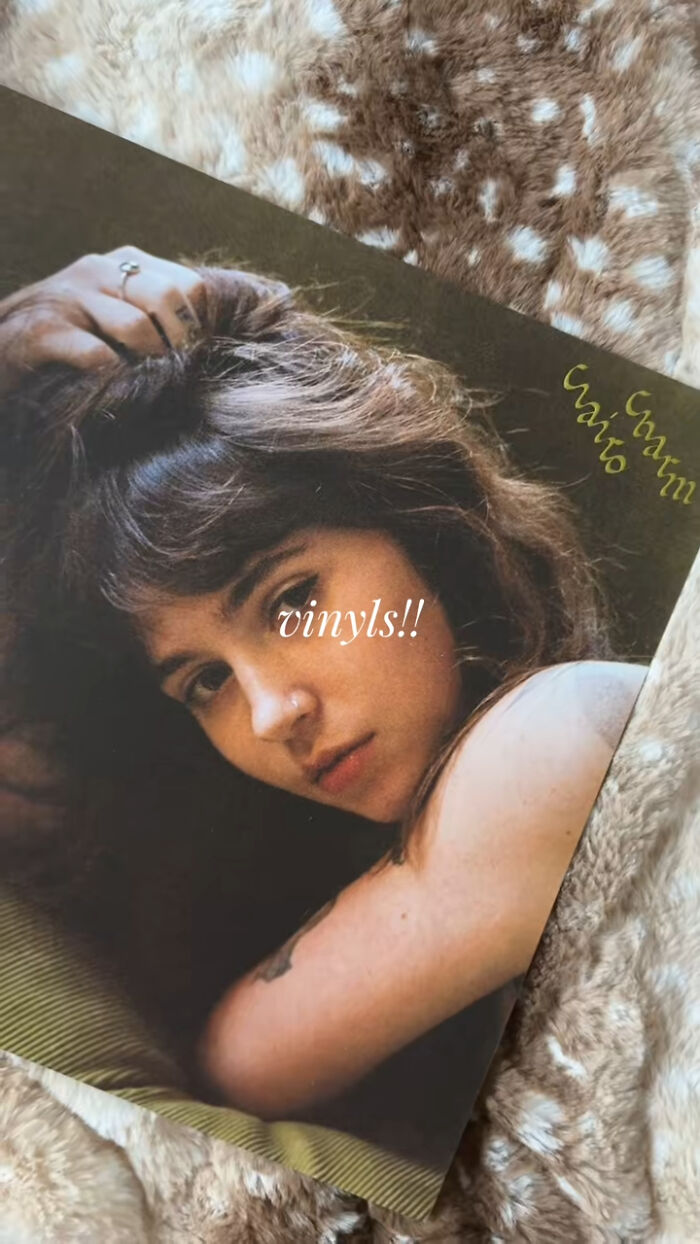 Close-up of a woman on a vinyl album cover resting on a soft furry blanket, highlighting popular Christmas gifts.