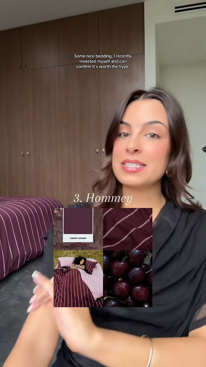 Woman recommending Christmas gifts with a focus on cozy bedding as a prized possession in a bedroom setting.