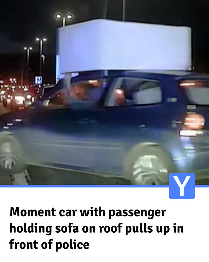 Car with passenger holding sofa on roof in traffic captured by local newspaper titles showing world going mad moments.