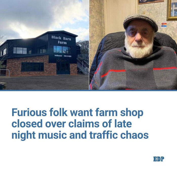 Farm shop building and elderly man pictured in local newspaper headline about noise and traffic chaos complaints.